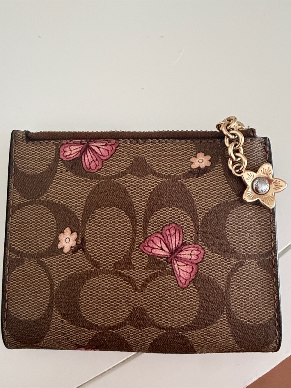 Coach Brown Signature Canvas Snap Wallet with Pink Butterfly Accents - Picture 2 of 4